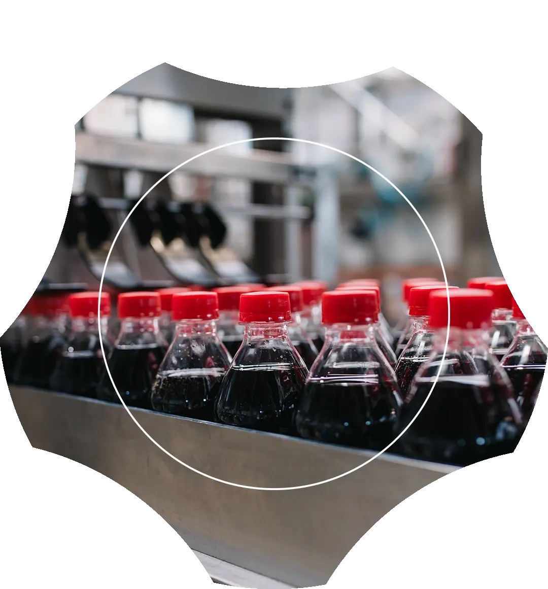 Automated beverage bottling production line with rows of red-capped bottles, framed inside a custom industrial shield cutout design.