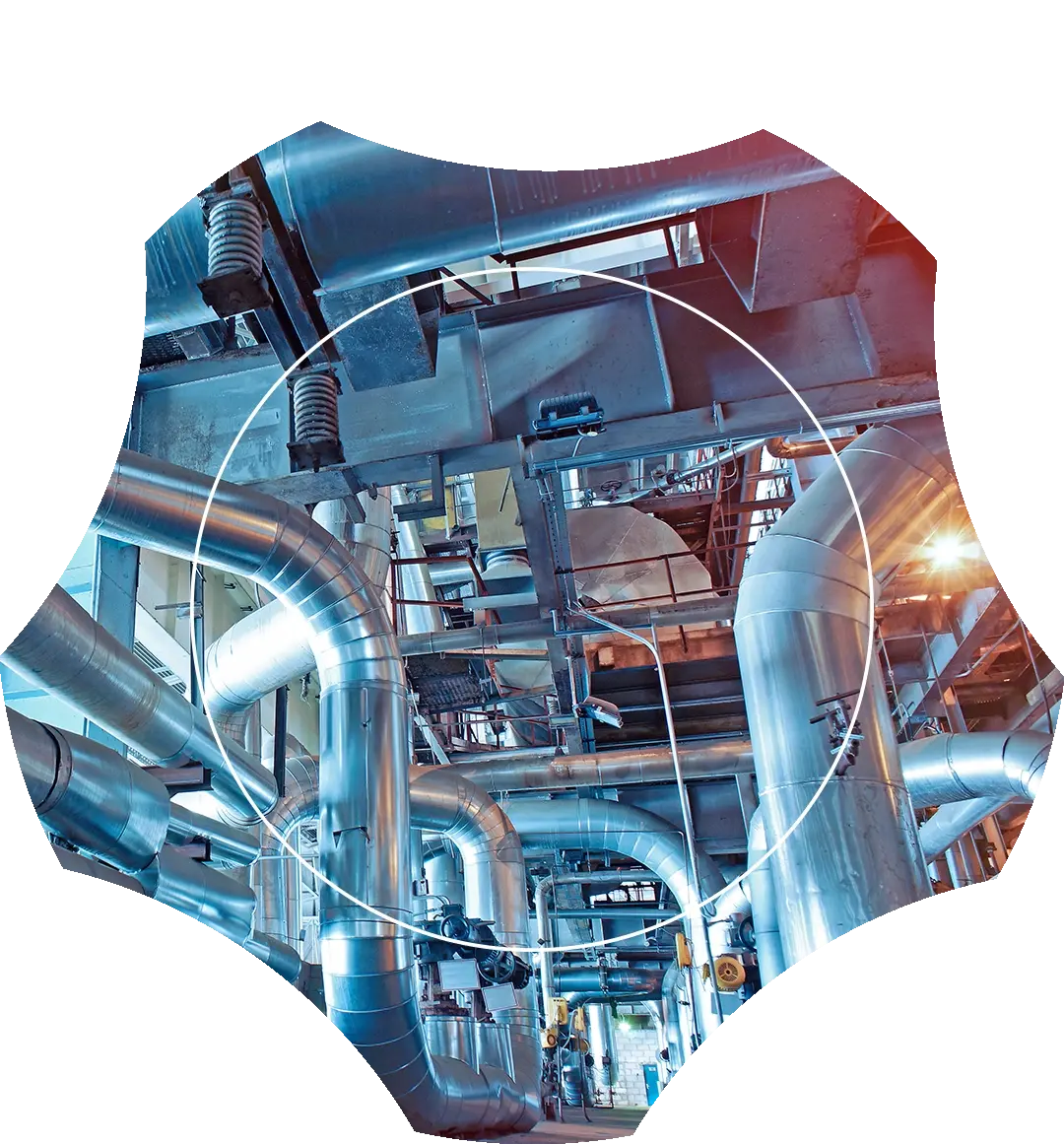 Complex network of insulated steel industrial pipelines and overhead refinery structures, framed inside a custom geometric shield cutout.