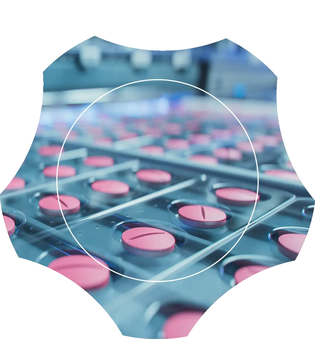 Automated pharmaceutical machinery packaging pink medicinal tablets into clear blister packs, framed inside a custom geometric shield cutout.